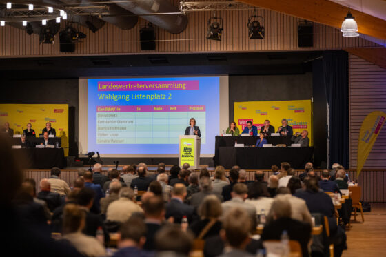 Political meeting with election results presentation on stage