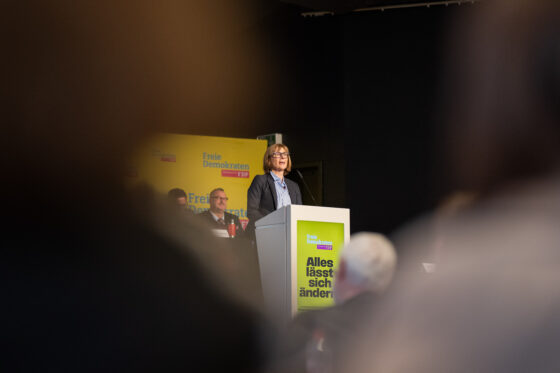 Person gives speech at FDP event