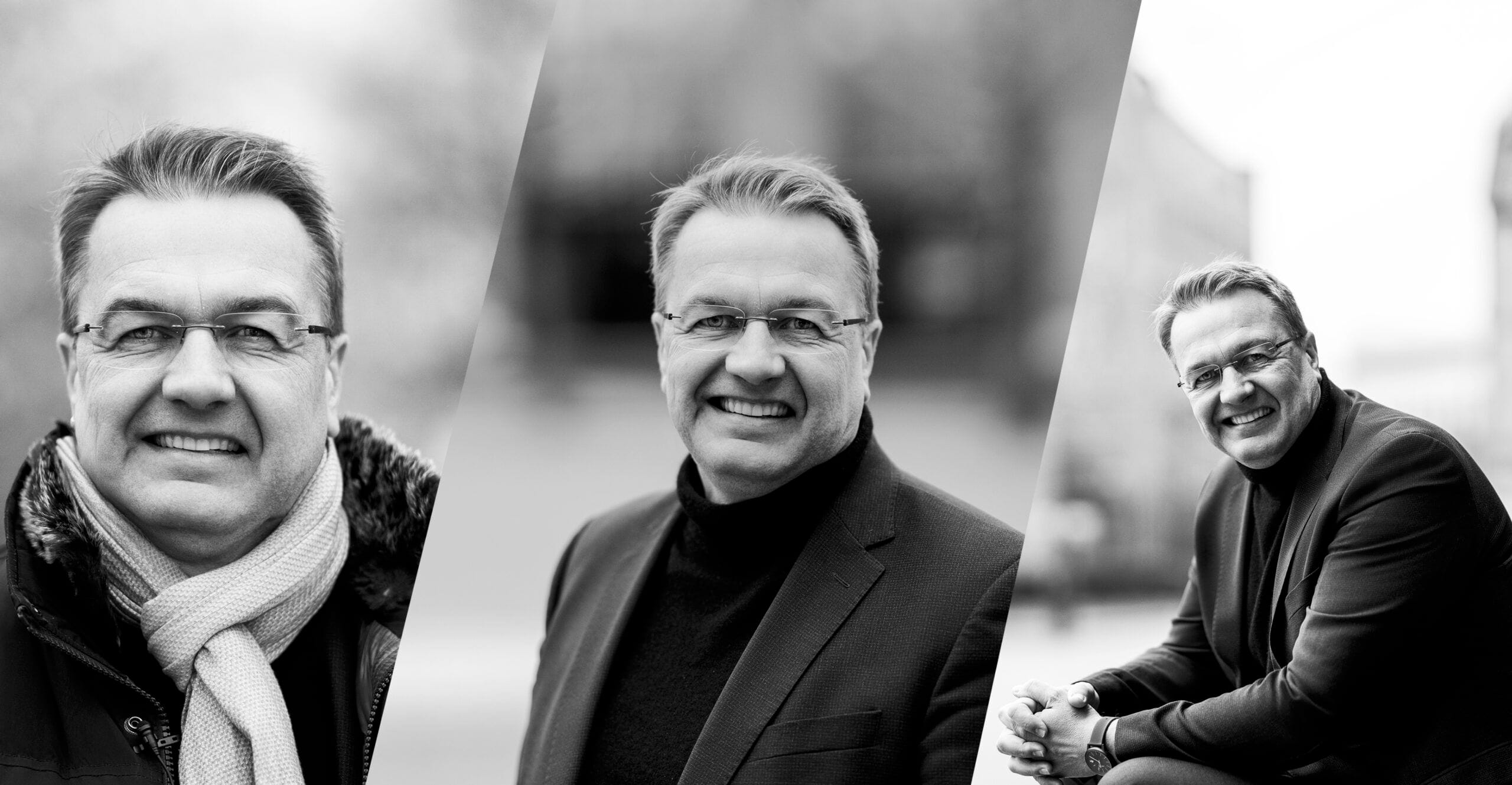 Lächelnder Mann in schwarz-weiß Porträtfotos