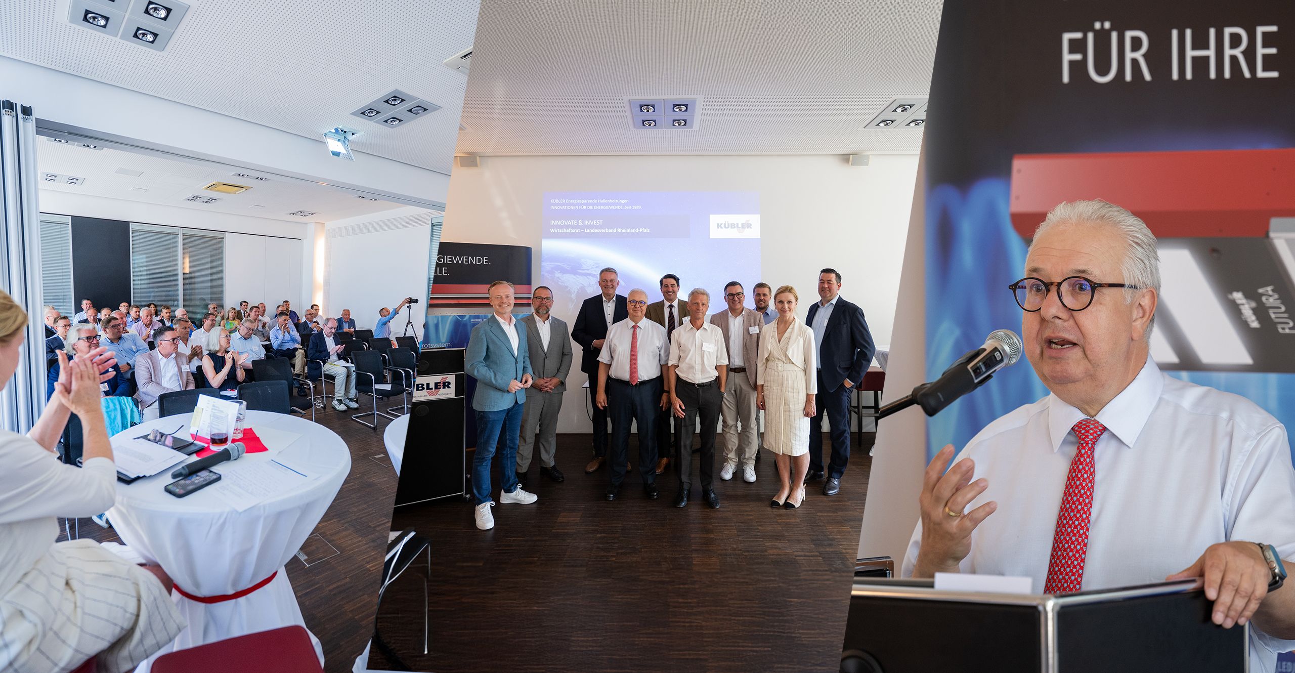 Geschäftsleute bei Konferenz mit Präsentation und Redner.